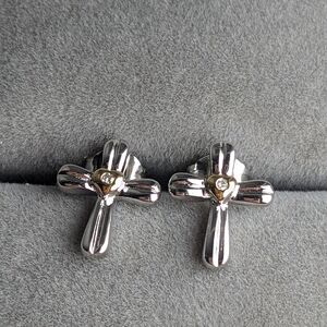 925 Sterling Silver Cross Earrings  Natural Diamond Accent  Rhodium Plated New